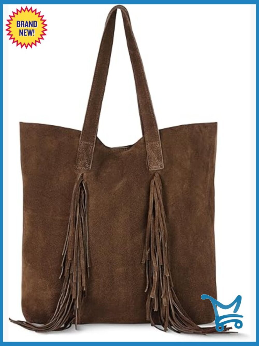 Italian Suede Tote Bag with Fringe Detail, Detachable Wallet, Medium Size